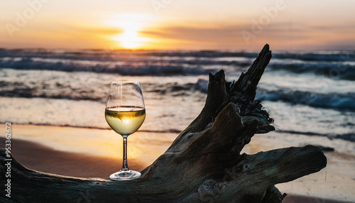 Glass of white wine standing on driftwood, beautiful sunset, oceanside on backdrop.