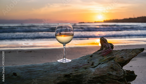 Glass of white wine standing on driftwood, beautiful sunset, oceanside on backdrop.