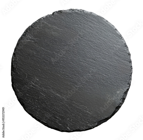 Empty black round slate stone isolated on transparent background, top view