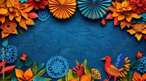 Vibrant and colorful background for a Mexican-themed party, showcasing an array of brightly colored paper fans arranged in the shapes of birds and flowers on a blue textured backdrop. The scene is dec