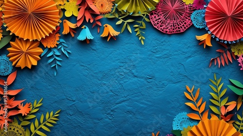 Vibrant and colorful background for a Mexican-themed party, showcasing an array of brightly colored paper fans arranged in the shapes of birds and flowers on a blue textured backdrop. The scene is dec