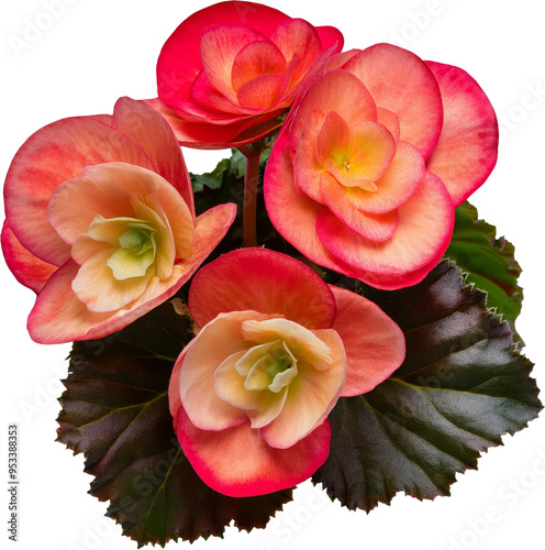 Vibrant begonia flowers in shades of pink and peach, showcasing their delicate petals and lush green leaves.