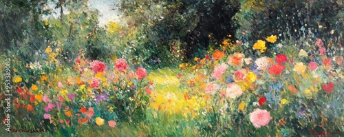 Vibrant Impressionist Flower Meadow Painting by Claude Monet in Oil, Decorative Landscape Artwork