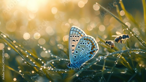  A blue butterfly perched atop a blade of grass with glistening dew on its wingtips and droplets clinging to them