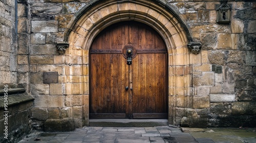 A beautiful wooden door with an ornate knocker, set in a stone archway, leading to an ancient castle courtyard.