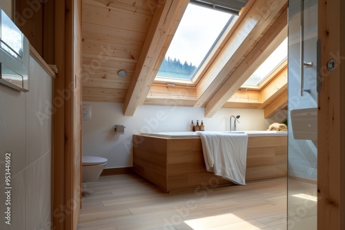 Modern wooden bathroom interior with skylights and a freestanding bathtub