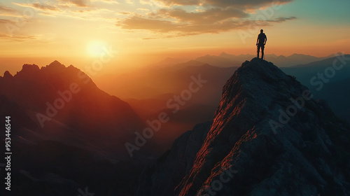 aerial view a man hiker on the top mountain with sunset view