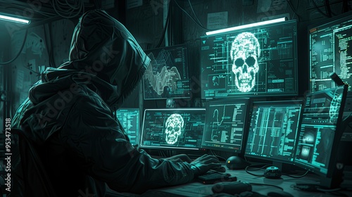 Dark, dramatic scene of a hacker in a hood, working on multiple monitors in a dimly lit room filled with cyber screens.