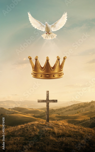 The Holy Trinity depicted as a white dove for the holy spirit, the crown for god and the cross for jesus Christ. Father, Son and Holy Ghost. Conceptual art depicting the holy trinity. Uplifting art.