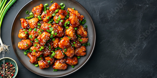 Sweet and sour chicken pieces arranged on a plate with green onions