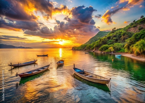 Vibrant sunset illuminates the serene waters of Lake Tanganyika, surrounded by lush green hills and traditional wooden fishing boats in Tanzania, Africa.