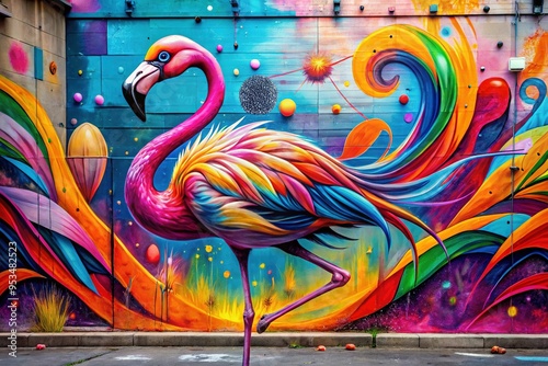 Vibrant urban street art depicts a stylized flamingo, surrounded by bold colors, abstract shapes, and dynamic lines, splashing a concrete wall with rebellious energy.