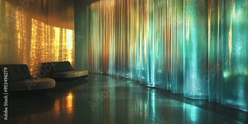 Two couches against a shimmering curtain wall.