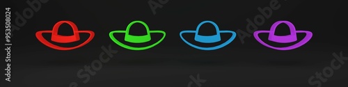 Colorful Elegant women hat icon isolated on black background. Minimalism concept. 3D render illustration