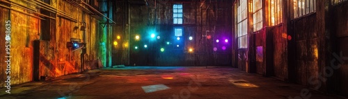 Colorful Light Installation in an Industrial Warehouse with Rustic Walls and Large Windows