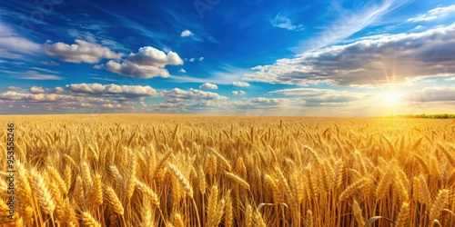 Summer agricultural landscape with golden wheat field under blue sky , summer, agricultural, landscape, wheat field, golden