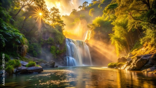 Jim Jim Falls in the afternoon bathed in warm, golden light, with mist rising from the base of the waterfall, and lush greenery surrounding the plunge pool.