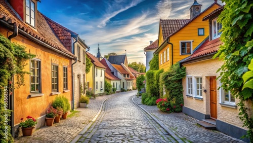 Narrow cobblestone street in the historical old town of Visby, Sweden, visby, sweden, narrow street