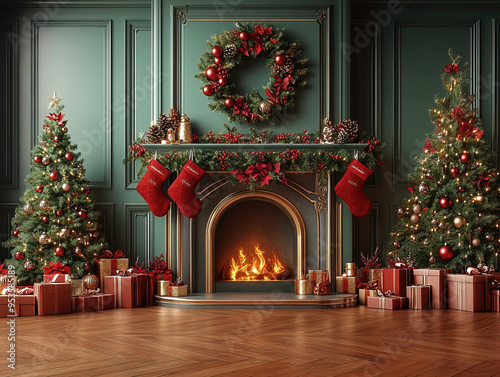 Central empty 3D podium surrounded by personalized Christmas gifts, such as engraved ornaments and custom stockings, with a backdrop of a cozy fireplace and decorated tree. Rich and pine green bronze.