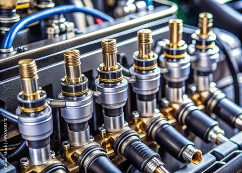 A close-up shot of a fuel injector, a intricate mechanical device with precision-crafted nozzles and electronic