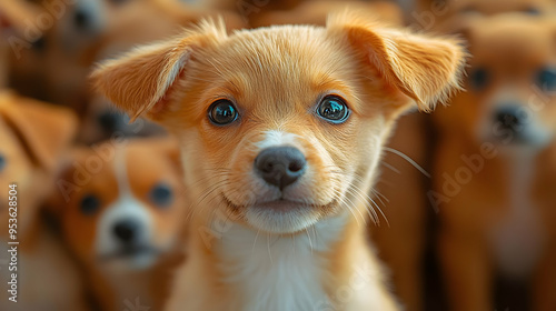 A cute puppy with big brown eyes and a sweet expression looks directly at the camera.