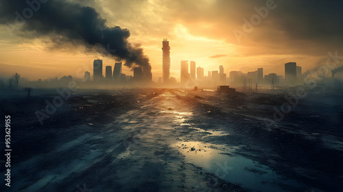 A desolate road leads towards a city skyline with smoke and haze in the air.