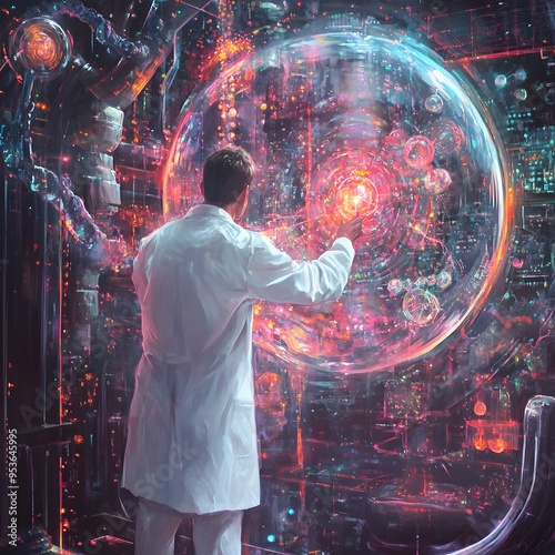 Quantum Bubble Universe Generator Scientist Analyzing Holographic Models and Glowing Energy Streams