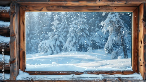 Nordic snow scene with wooden frame in cozy winter cabin. Cool blues and snowy whites