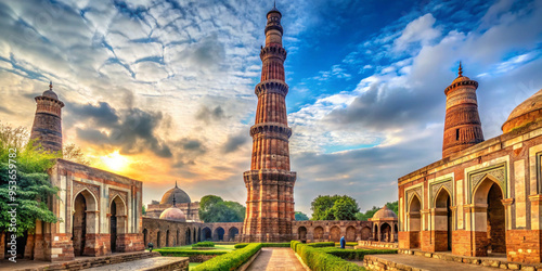 Qutub Minar, New Delhi "A dynamic perspective of the Qutub Minar, a towering minaret made of red sandstone and marble. 