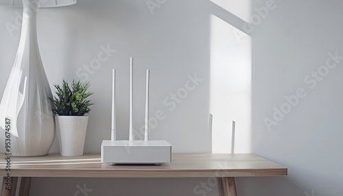 New white Wi-Fi router on wooden table indoors