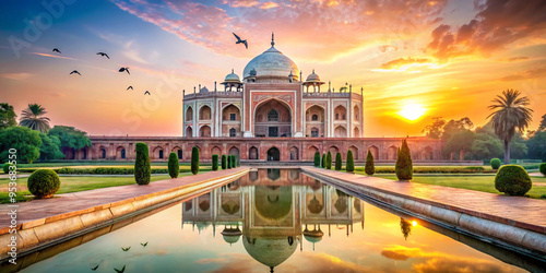 Humayun's Tomb, New Delhi "A picturesque view of Humayun's Tomb in New Delhi, showcasing its large Persian-style dome and symmetrical Mughal gardens.