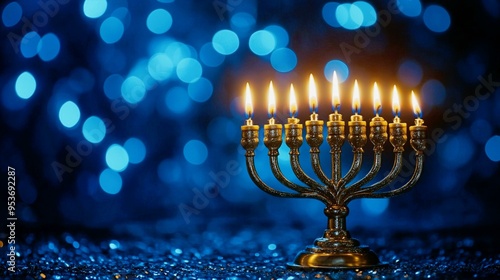 Hanukkah lit menorah with melted wax and glimmering flames, symbolizing hope and resilience