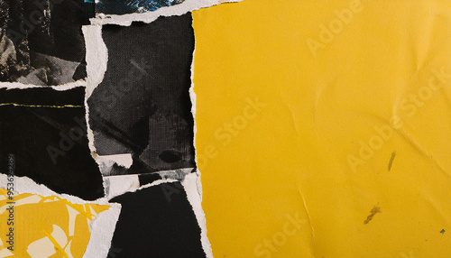 Vintage black and yellow collage background. Grunge art. Abstract textures and shapes.