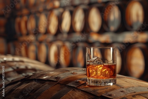 A glass of whiskey in oak barrels