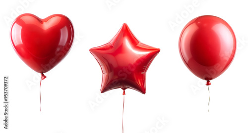 Red colored round and star, heart shapes 3d birthday foil helium balloons flying. Clear present inflatable decoration template. Cut out png file.