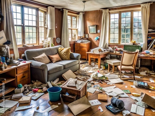 A cluttered room overflowing with discarded items, trashed furniture, and torn papers, conveying a sense of chaos and