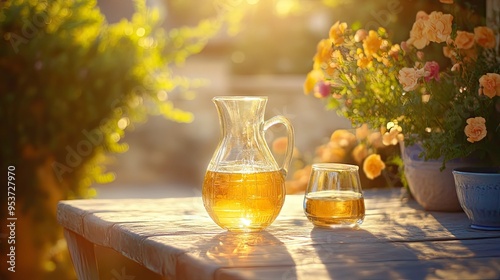 A vibrant French pastis served with a carafe of water on a sunlit terrace in Provence.