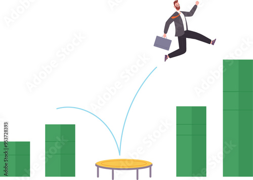 Businessman bouncing on trampoline on financial success