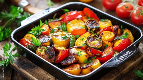 Juicy roasted vegetables in a balsamic glaze vibrant colors