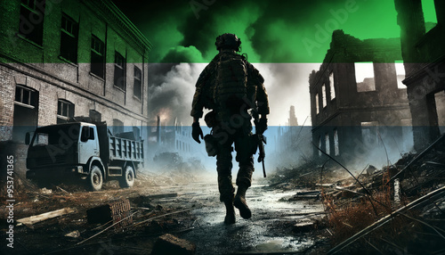 A lone soldier walking through a war-torn urban landscape with the Sierra Leone flag overlay, symbolizing the bravery and resilience of military forces in conflict zones.