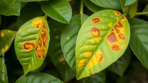 Citrus leaves displaying lesions caused by bacterial or fungal infection. Generative AI