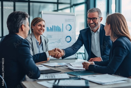 A dynamic office meeting with professionals engaging in a handshake, symbolizing teamwork and partnership among executives striving for collective success, emphasizing collaboration and communication