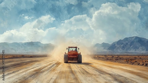 Road roller in a desert, compacting sand for a new road, arid landscape, watercolor style