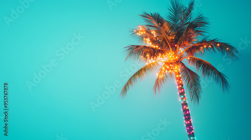 Illuminated palm tree with multicolored lights for a tropical holiday theme