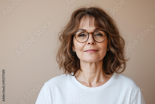 A middle-aged woman with glasses looks straight ahead with a slight smile, white t-shirt