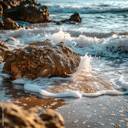 Waves lapping against the rocks on a beach