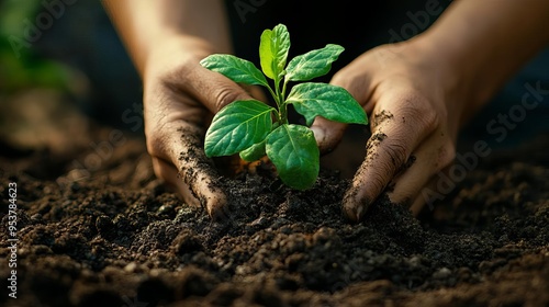 A person plants a young seedling in rich, dark soil, symbolizing growth, nurturing, and connection to nature.