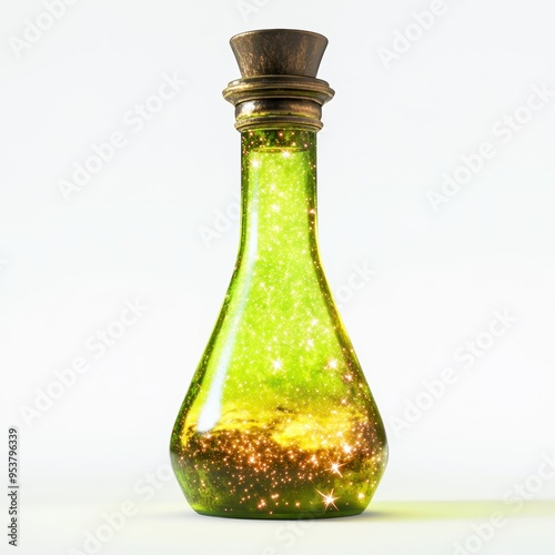 Magical green potion in a glass bottle with sparkling particles, perfect for fantasy, game, and magic-related themes.