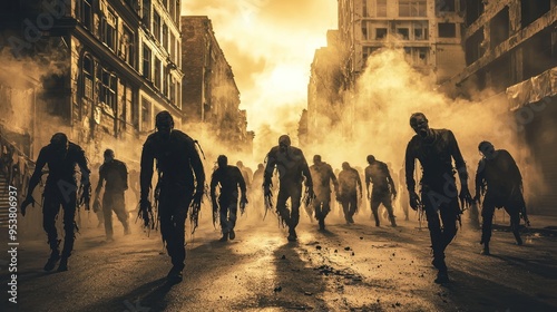 A horde of zombies walking aimlessly through an abandoned street, dragging their feet.