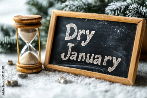 Blackboard displaying the phrase Dry January next to an hourglass, emphasizing mindful drinking and time management for the month of January